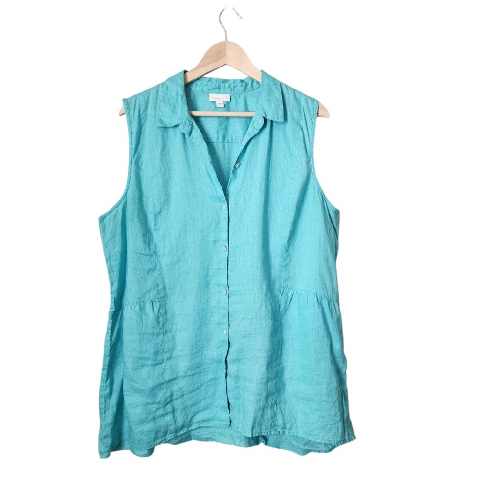 J. JILL 100% Linen Sleeveless Button Front Top Aqua Blue Women's XL